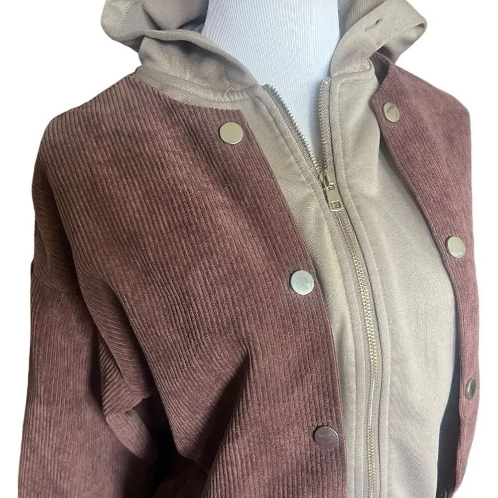 Womens Shein Y2K Brown Corduroy Jacket w Attached Hoodie Coat - Sz S HT Black n